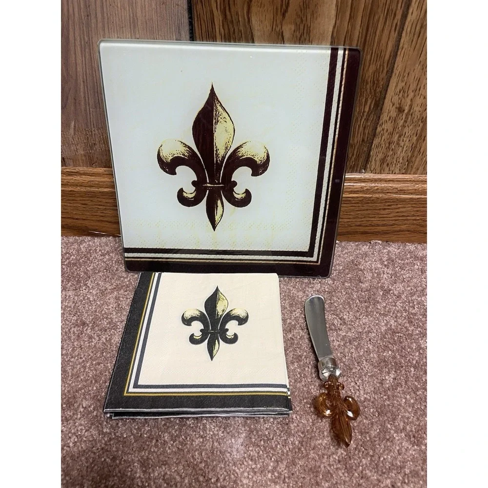 vintage Glass Square Cutting Board w/Plastic Fleur-de-lis 7.75
